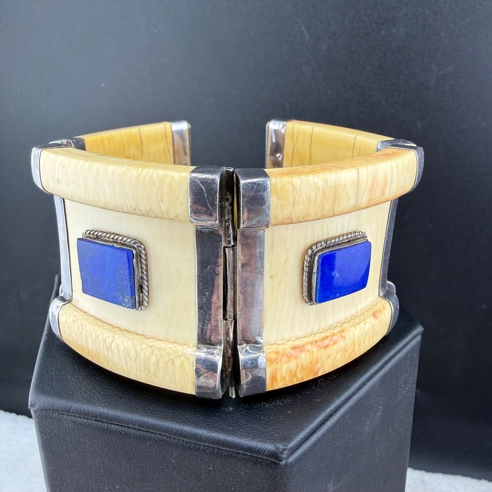 Vintage‎ Hinged Cuff Bracelet Blue Lapis Lazuli Bovine Bone 7"